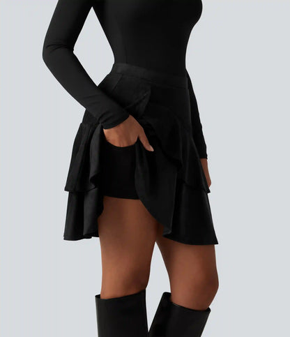 High Waisted Tiered Ruffle Hem 2-in-1 Longer Mini Suede Casual Skirt with Pocket