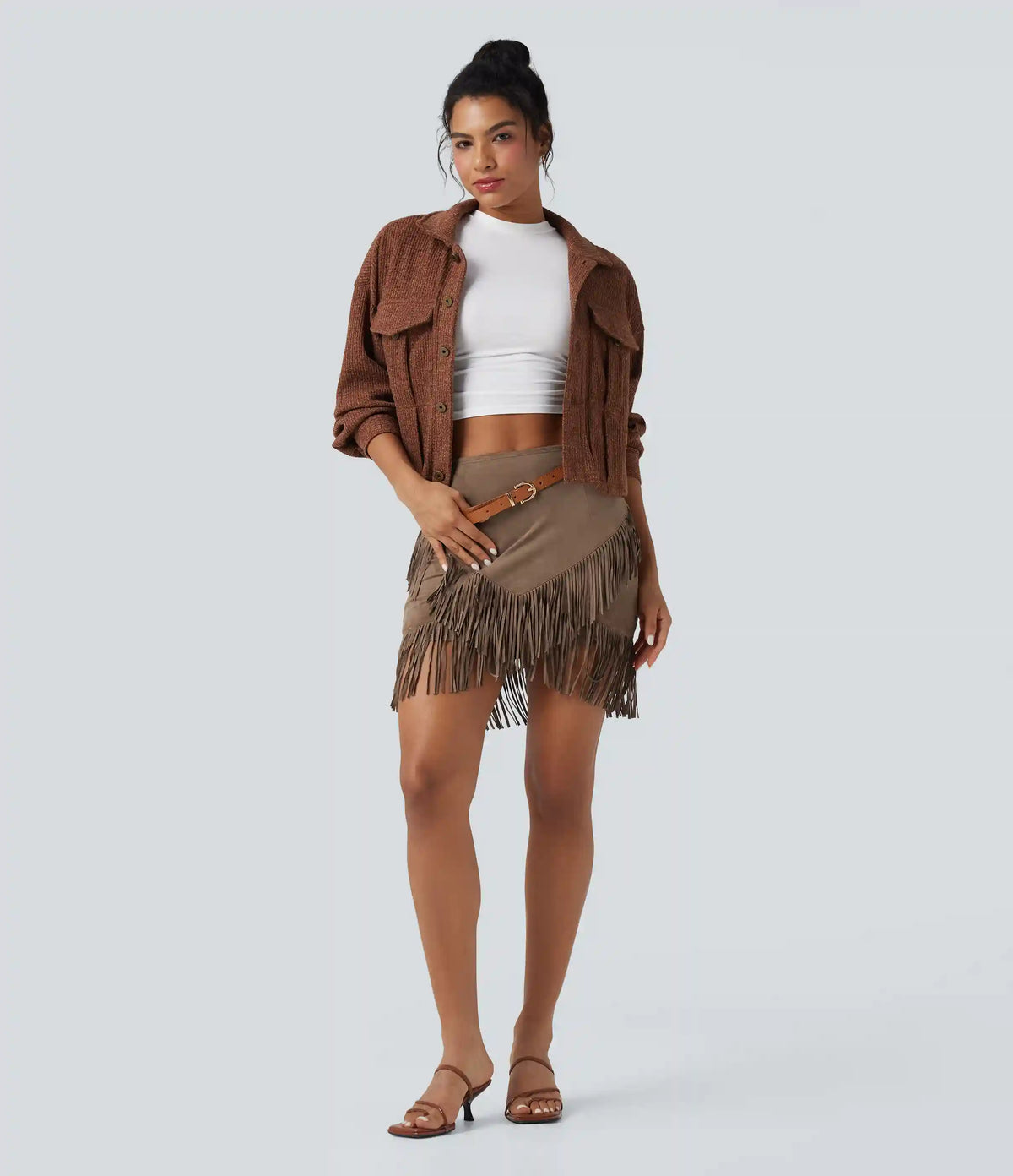 High Waisted 2-in-1 Fringe Hem Bodycon Mini Suede Casual Skirt