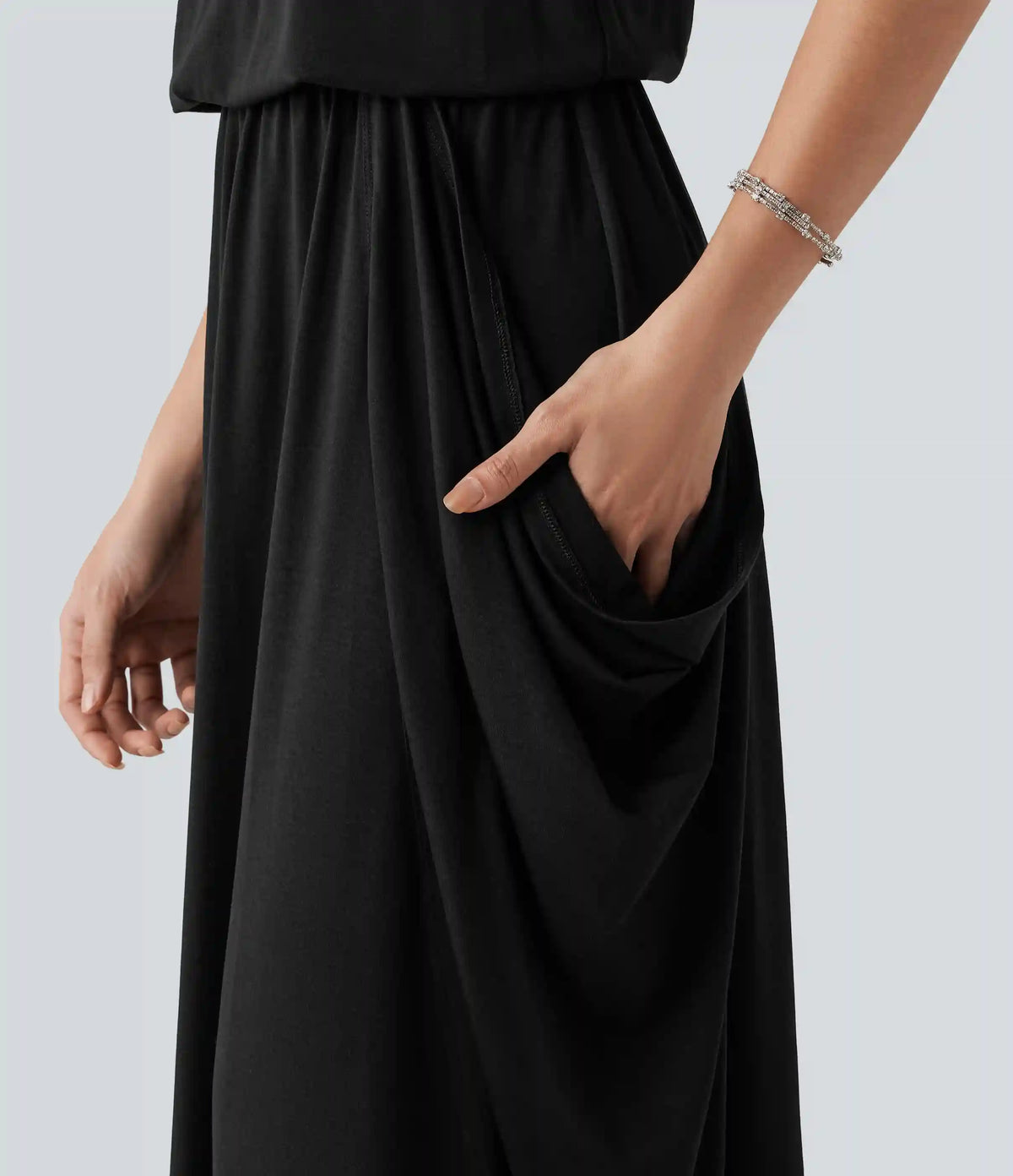Sleeveless Cut-Out Back Maxi Casual Draped Dress with Pockets