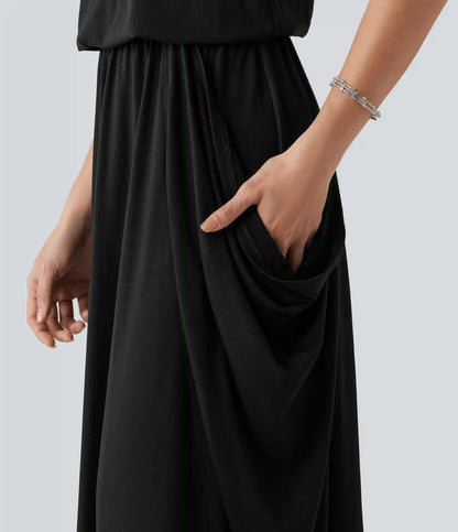 Sleeveless Cut-Out Back Maxi Casual Draped Dress with Pockets