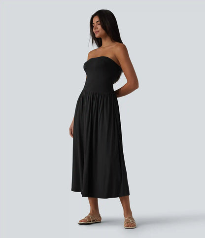 Tube Ruched Flowy Midi Casual Dress