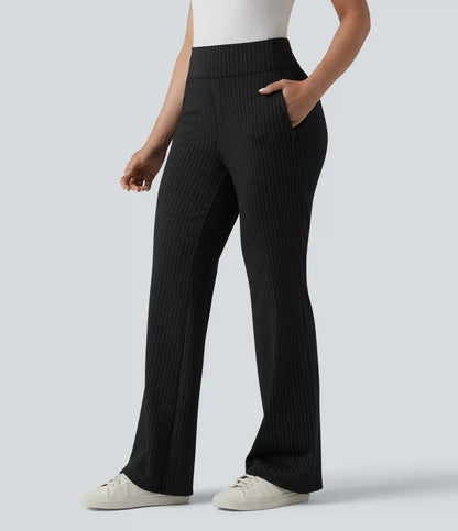 Mid Rise Stripe Work Flare Pants with Pockets