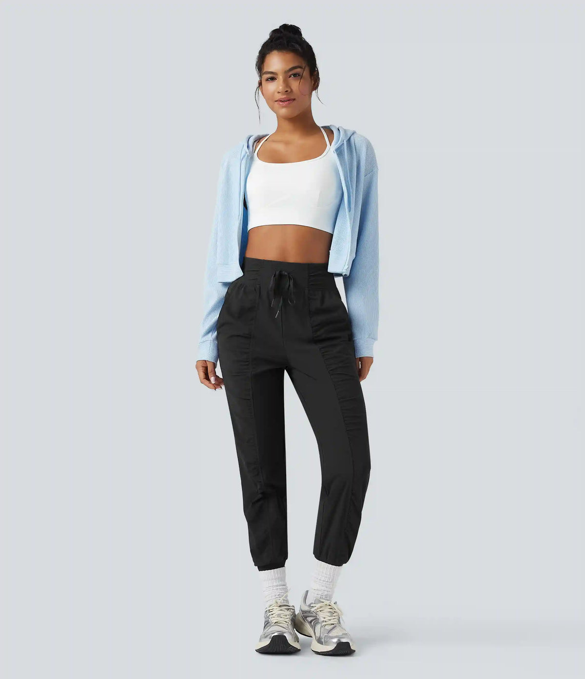 High Waisted Drawstring Ruched Tapered Quick Dry Cool Touch Dance Joggers with Pockets-UPF40+