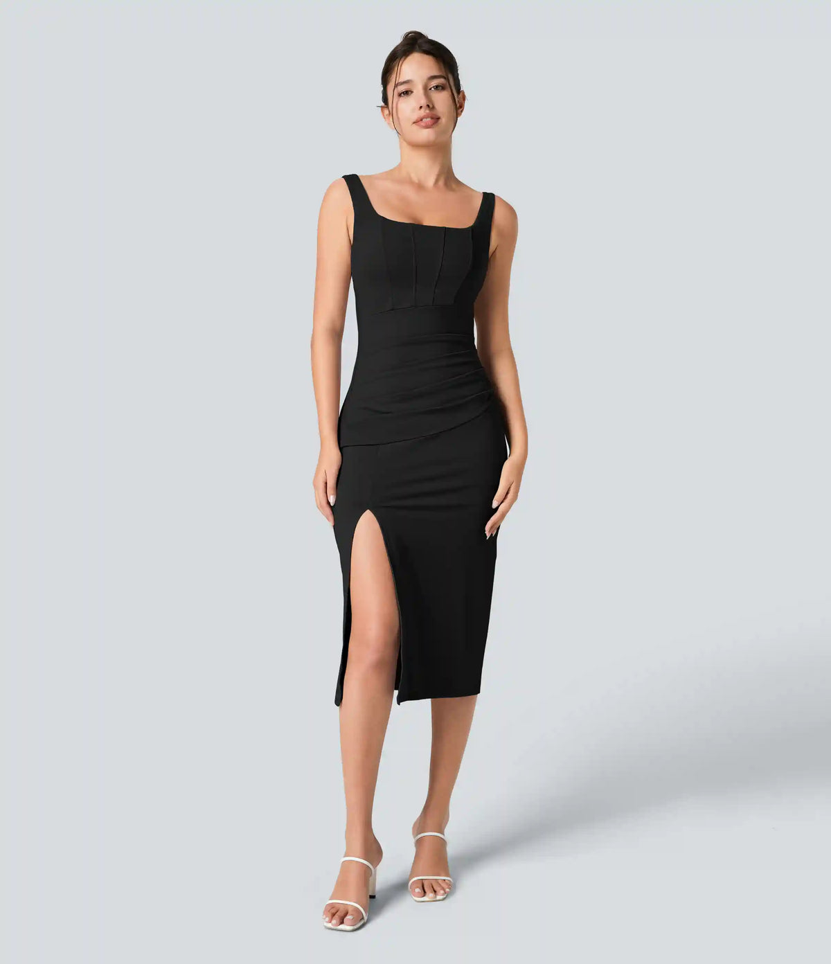 SoftlyZero™ Airy Square Neck Backless Corset Ruched Split Bodycon Midi InstantCool Bridesmaid and Wedding Guest Dress