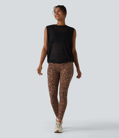 Sheer Mesh Round Neck Ruched Running Tank Top