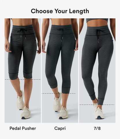 High Waisted Drawstring Stripe Capri Yoga Leggings with Pockets