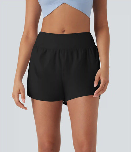 Mid Rise Contrast Mesh 2-in-1 Yoga Shorts with Pockets