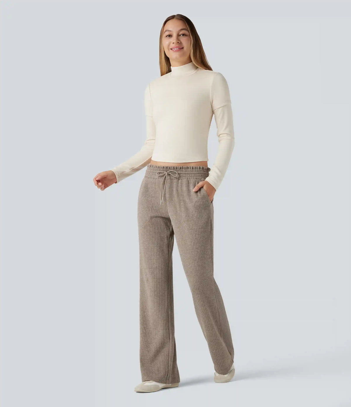 Ribbed Knit Low Rise Drawstring Casual Bootcut Pants with Pockets