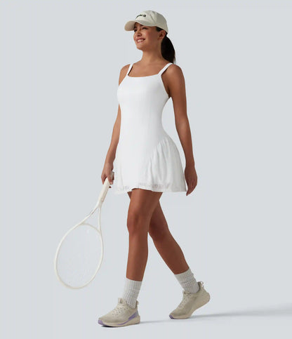 SoftlyZero™ Airy Crisscross Back Contrast Lace Built-in Bra InstantCool Tennis Active Dress with Pockets-Easy Peezy