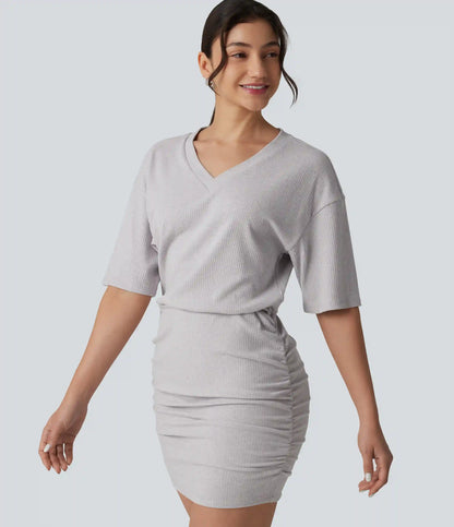 Ribbed Knit V Neck Short Sleeve Ruched Bodycon Mini Casual Dress