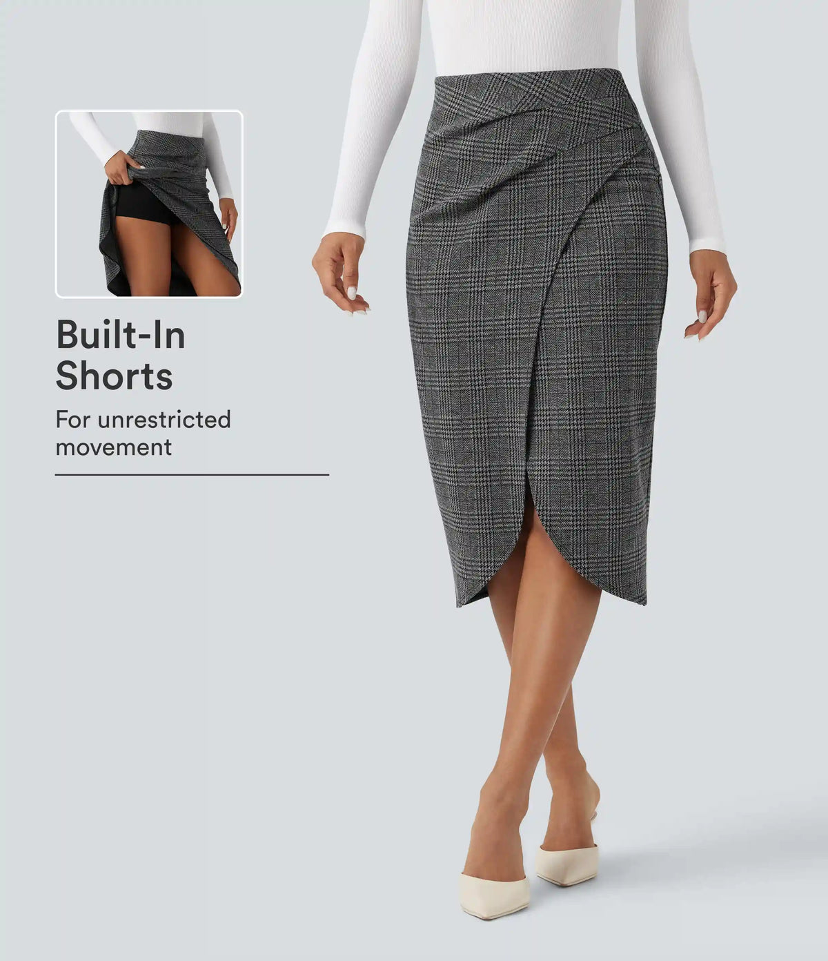 High Waisted 2-in-1 Tulip Hem Houndstooth Plaid Midi Work Skirt