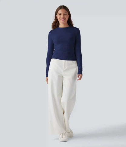 Round Neck Long Sleeve Ruched Casual Top