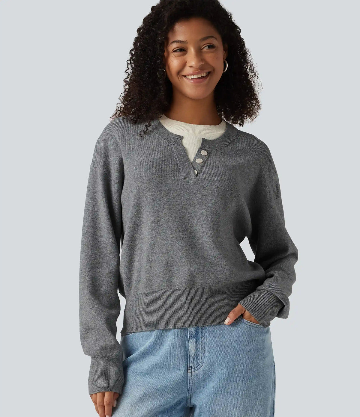 Round Neck Dropped Long Sleeve Color Block Work Sweater