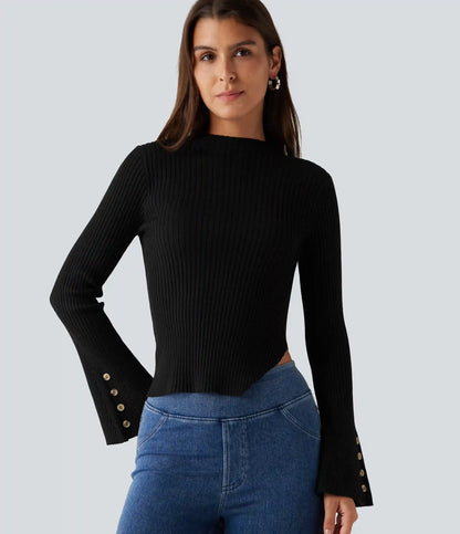 Ribbed Knit Stand Collar Flounce Sleeves Asymmetric Hem Slim Work Sweater