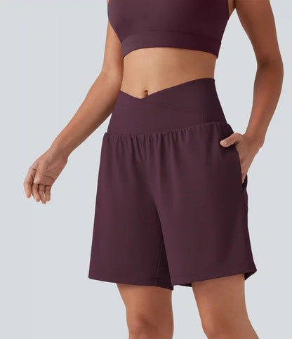 SoftlyZero™ Airy Crossover High Waisted 2-in-1 InstantCool Yoga Shorts 7'' with Pockets