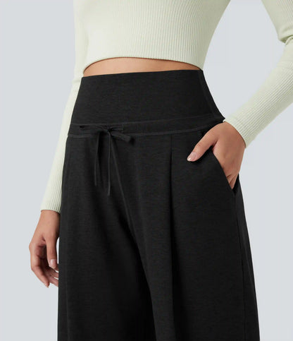 Foldover High Waisted Draswtring Quick Dry Heathered Casual Wide-leg Pants with Pockets