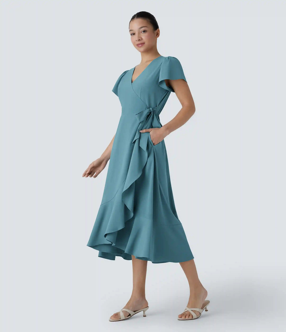 Breezeful™ V Neck Short Sleeve Wrapped Tie Pocket Ruffle Flowy Quick Dry Midi Casual Dress