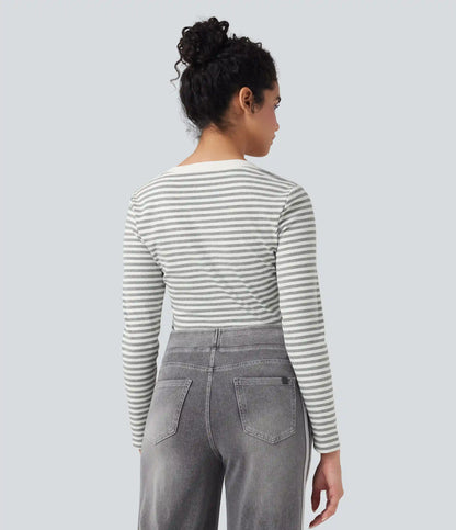 Notched Long Sleeve Stripe Casual Top