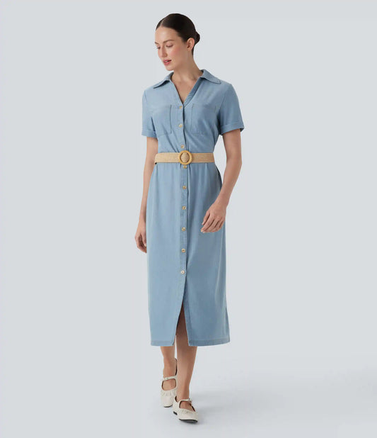 Halara Flex™ Short Sleeve Denim Midi Casual Dress with Pockets