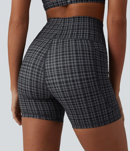 Halara UltraSculpt™ Check Plaid Print High Waisted Drawstring Yoga Biker Shorts 5'' with Pockets