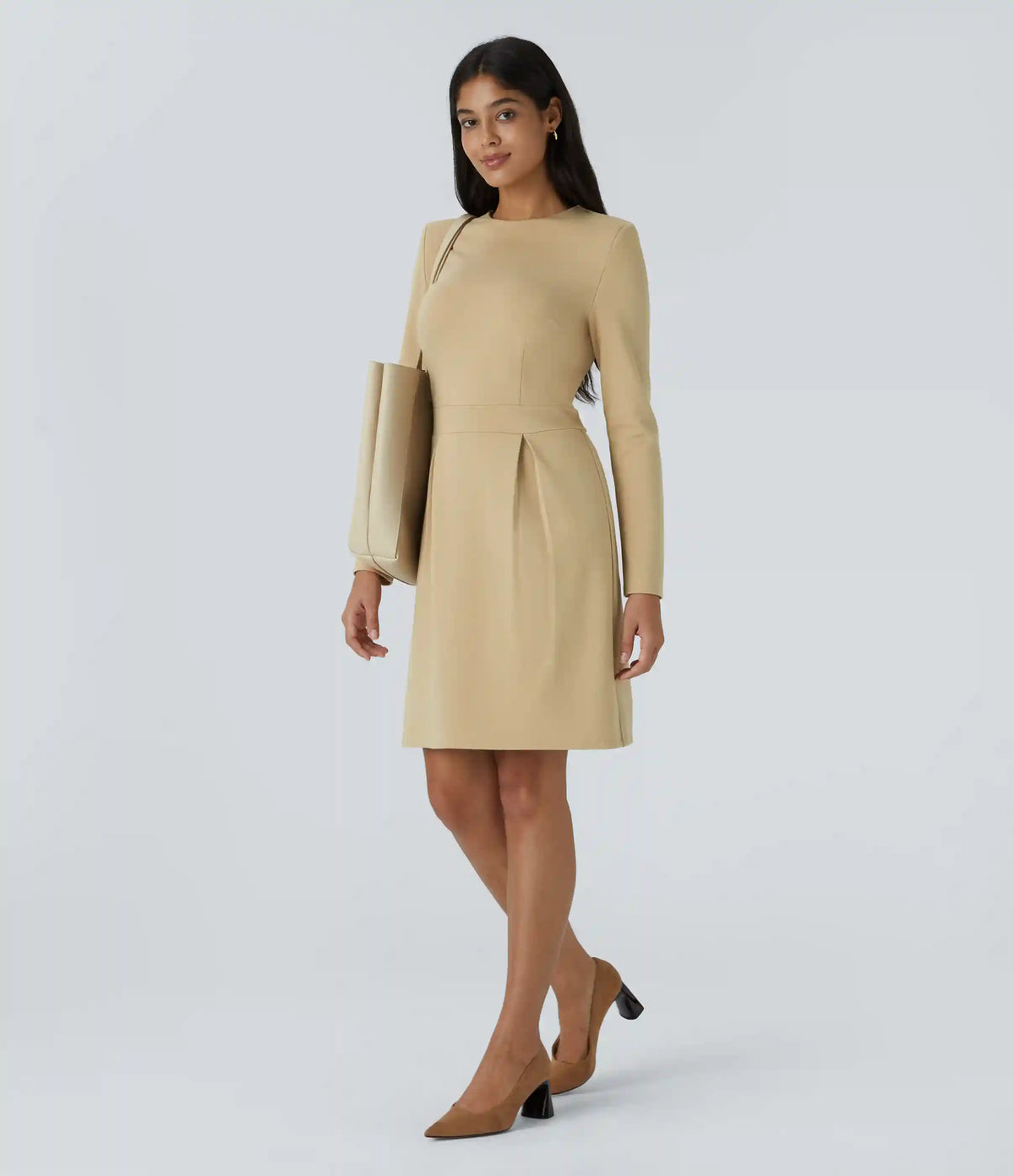 Round Neck Shoulder Pad Long Sleeve Hem Slim Mini Work Dress