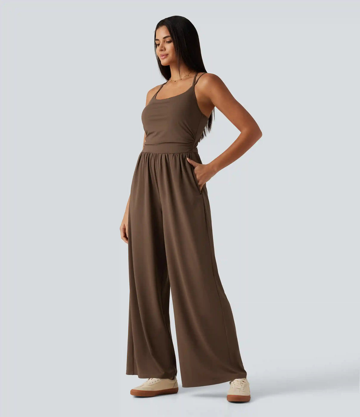 U Neck Sleeveless Crossover Built-in Bra Wide Leg Casual Jumpsuit with Pockets--Easy Peezy