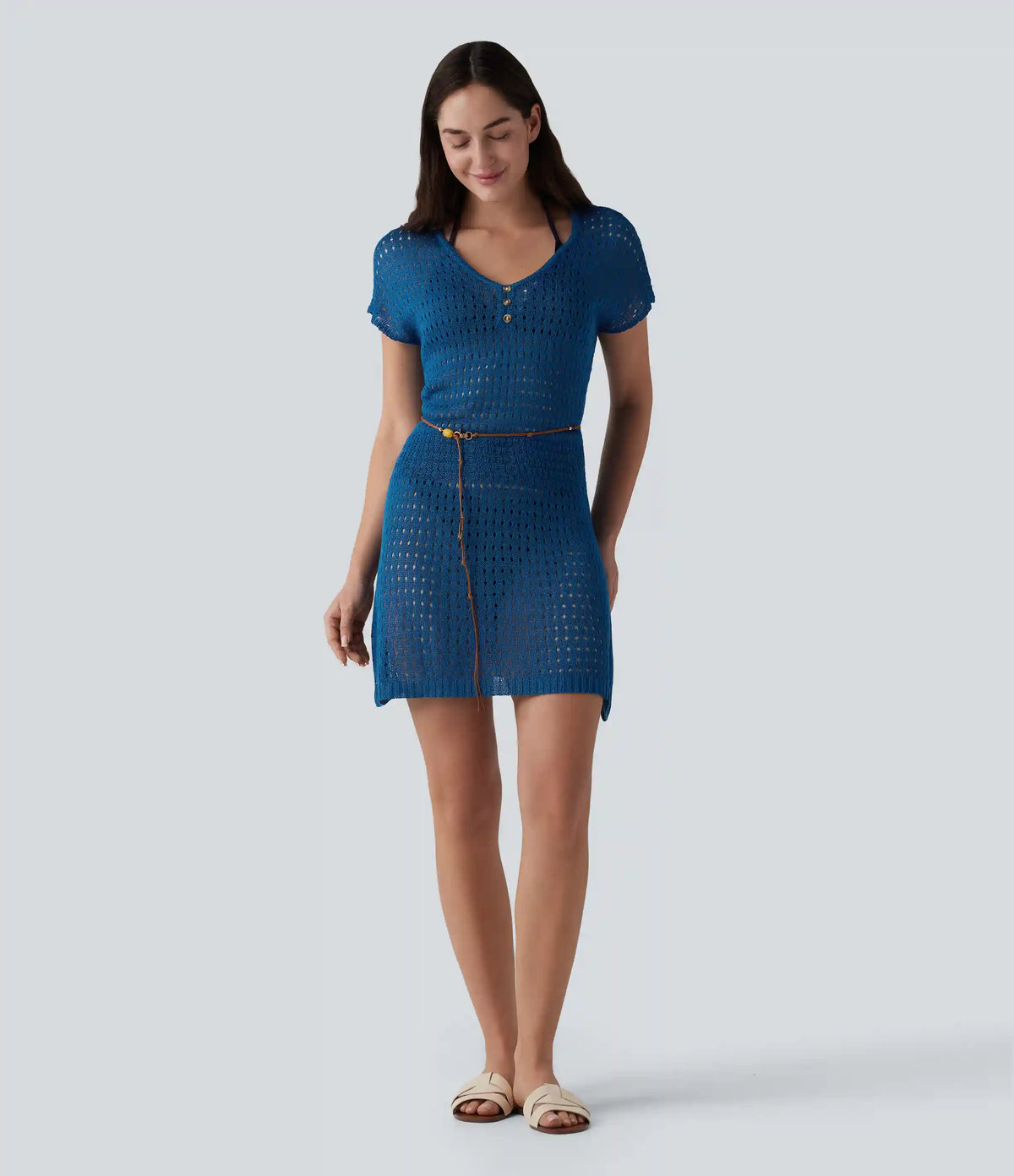 V-neck Short Sleeve Hollow Out Mini Resort Cover Up Dress