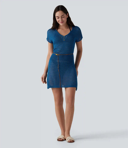 V-neck Short Sleeve Hollow Out Mini Resort Cover Up Dress