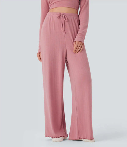 Ribbed Knit Pointelle High Waisted Drawstring Lettuce Trim Straight Leg Lounge Pants