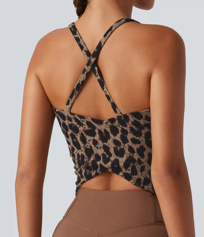 Halara UltraSculpt™ Leopard Print Scoop Neck Built-in Bra Crossover Hem Yoga Tank Top
