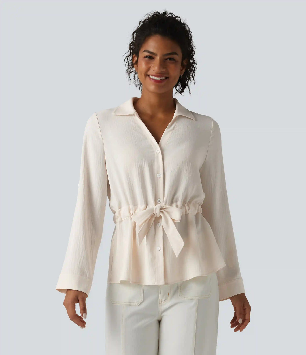 Lapel Roll Up Sleeve Tie Work Linen-Feel Shirt