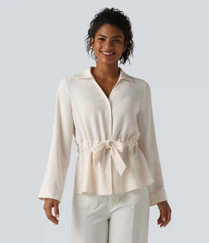 Lapel Roll Up Sleeve Tie Work Linen-Feel Shirt