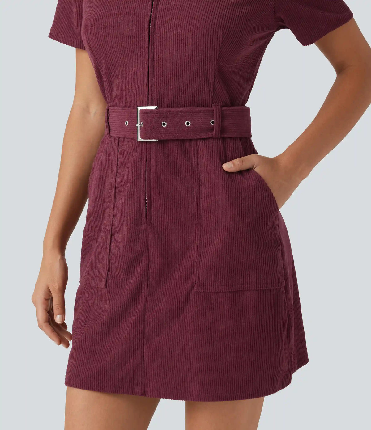 Short Sleeve Belted Corduroy Mini Casual Dress with Pockets