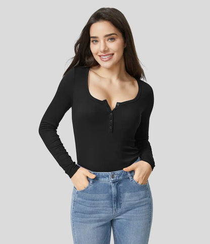 Ribbed Henley Neck Long Sleeve Slim Casual T-Shirt