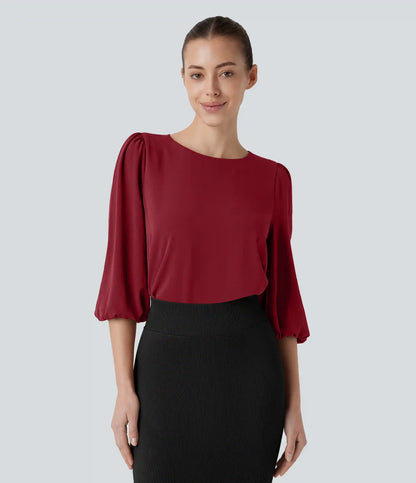 Boat Neck Keyhole Back Bishop Sleeve Work Linen-Feel Blouse