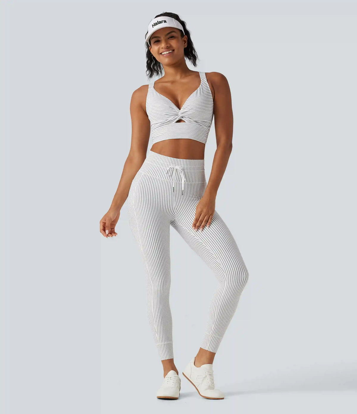 High Waisted Drawstring Stripe Yoga Leggings with Pockets