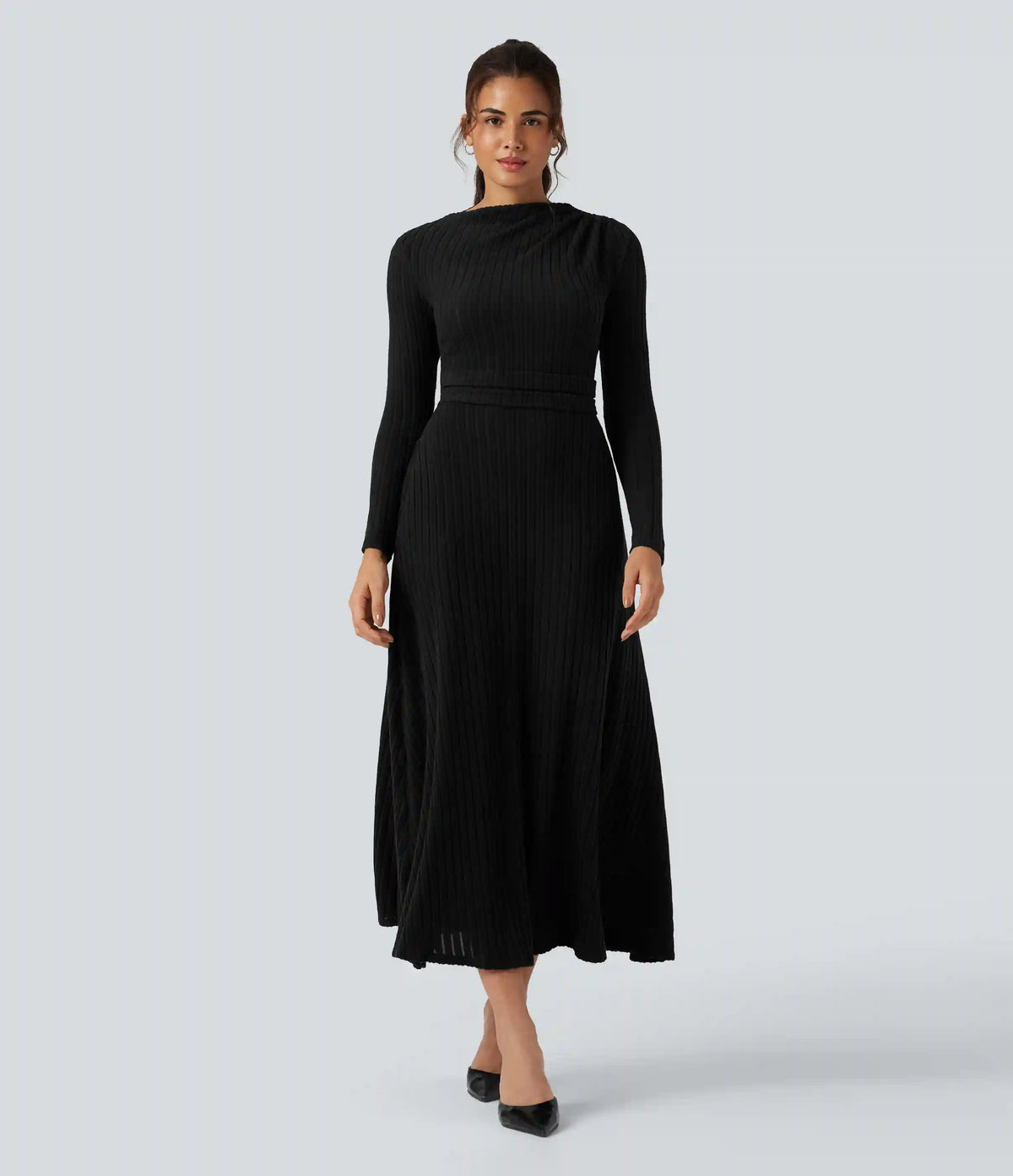 Ribbed Knit Long Sleeve Midi Casual Dress with Pockets