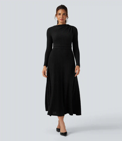 Ribbed Knit Long Sleeve Midi Casual Dress with Pockets