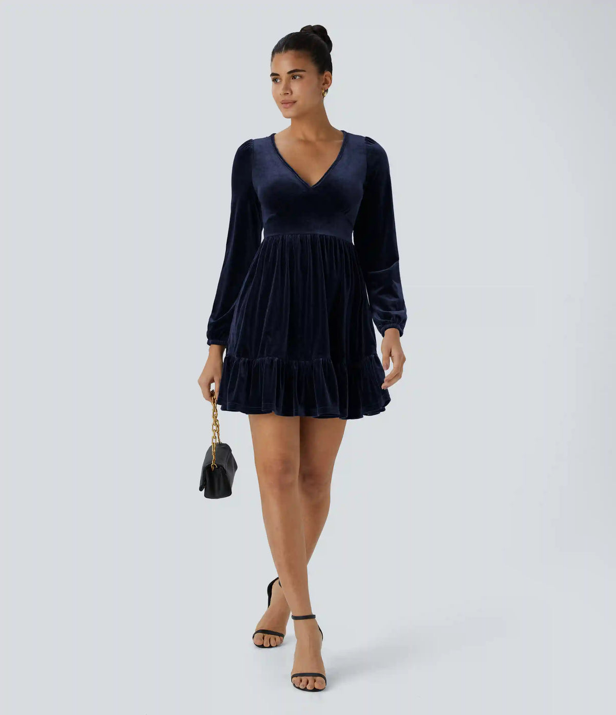 Everyday Deep V Neck Long Sleeve Ruffled Hem Velvet Mini Chill Dress