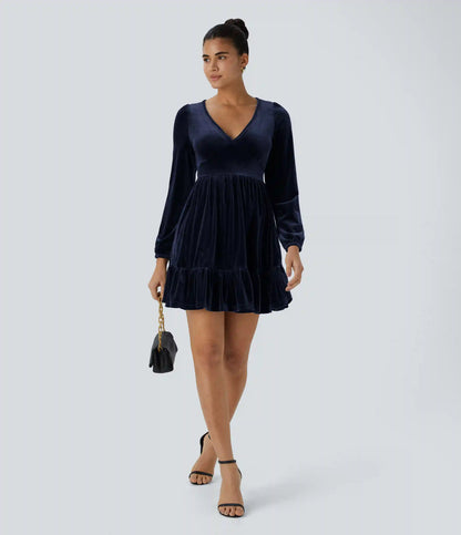 Everyday Deep V Neck Long Sleeve Ruffled Hem Velvet Mini Chill Dress