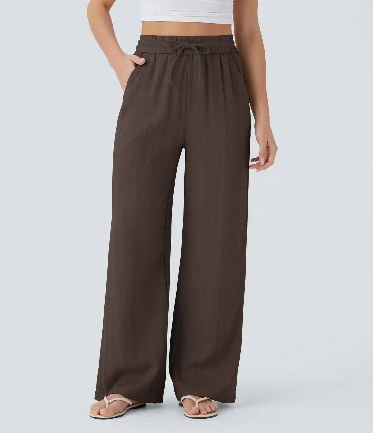 High Waisted Drawstring Pocket Wide Leg Baggy Casual Linen-Feel Pants