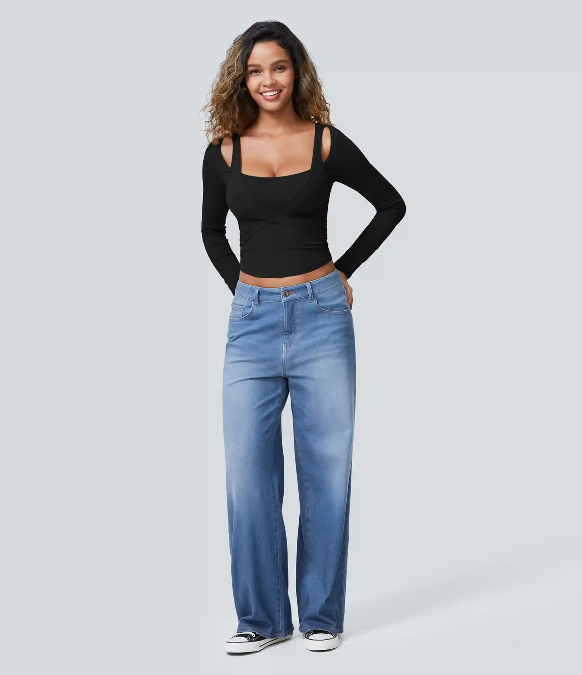 Ribbed Knit Square Neck Cut Out Long Sleeve Curved Hem Cropped Casual Sports Top