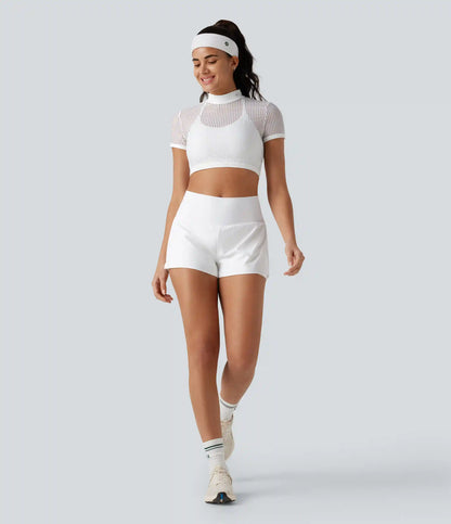 Mock Neck Short Sleeve Eyelet Cropped Running Sports Top-No Sports Bra Included