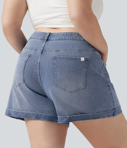 Plus Size Halara Flex™ Mid Rise Rolled Hem Denim Casual Shorts 5'' with Pockets