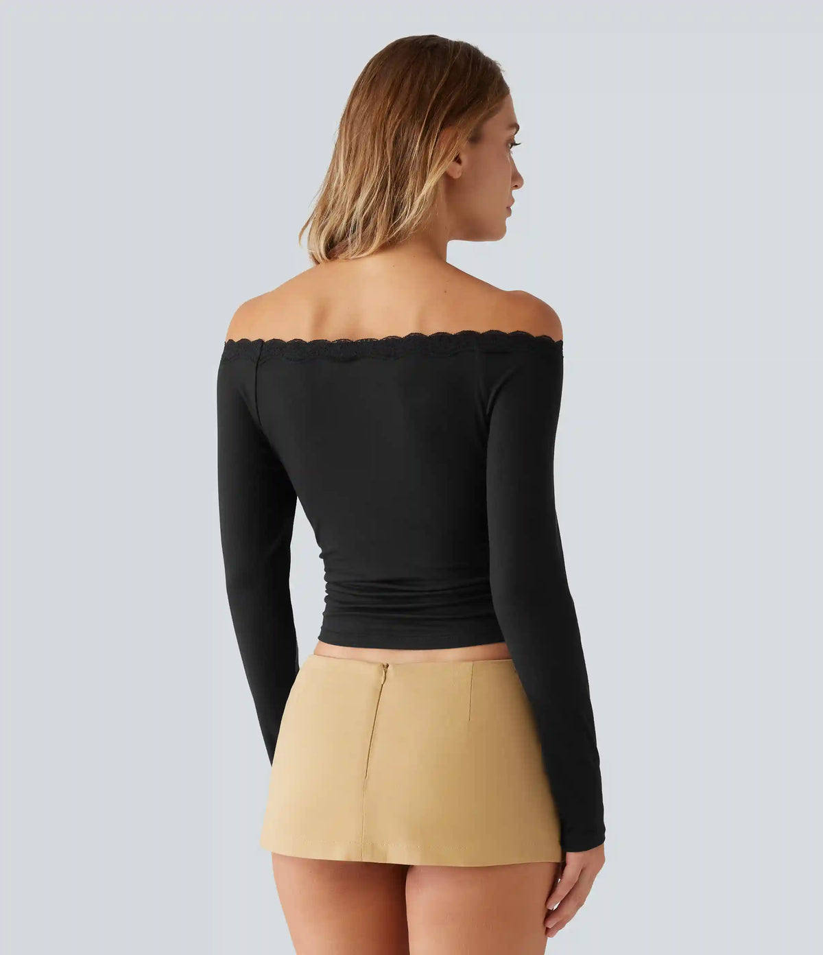 Ribbed Off Shoulder Long Sleeve Ruched Contrast Lace Casual Top