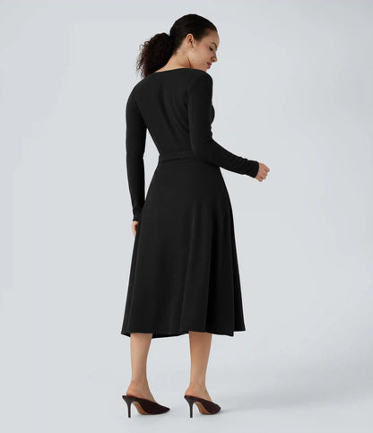 Ribbed Knit V-neck Long Sleeve Belted Midi Work Flowy Dress