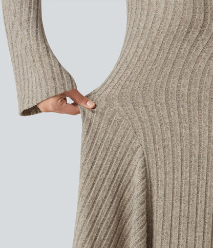 Ribbed Knit Square Neck Flounce Long Sleeve Decorative Knot Flare Mini Casual Dress