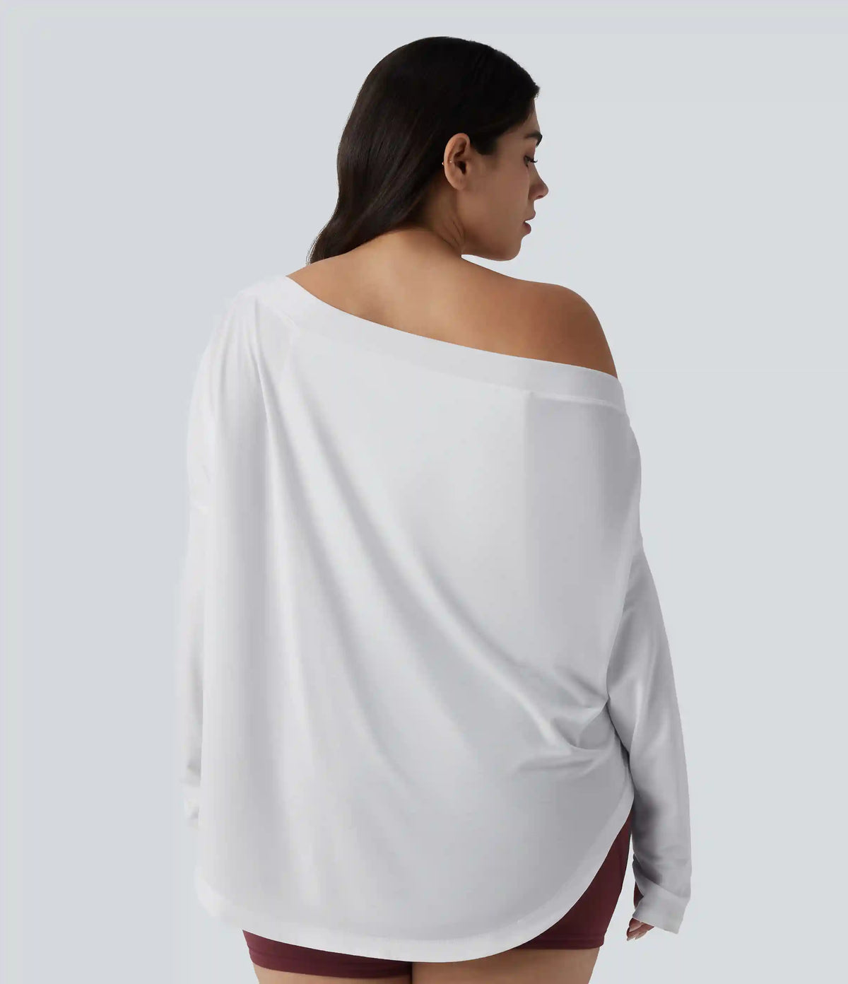 One Shoulder Long Sleeve Thumb Hole Curved Hem High Low Quick Dry Yoga Plus Size Sports Top-Built-in Bra
