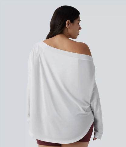 One Shoulder Long Sleeve Thumb Hole Curved Hem High Low Quick Dry Yoga Plus Size Sports Top-Built-in Bra