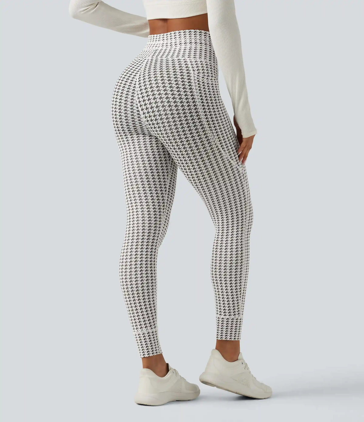 High Waisted Drawstring Houndstooth Yoga Leggings with Pockets
